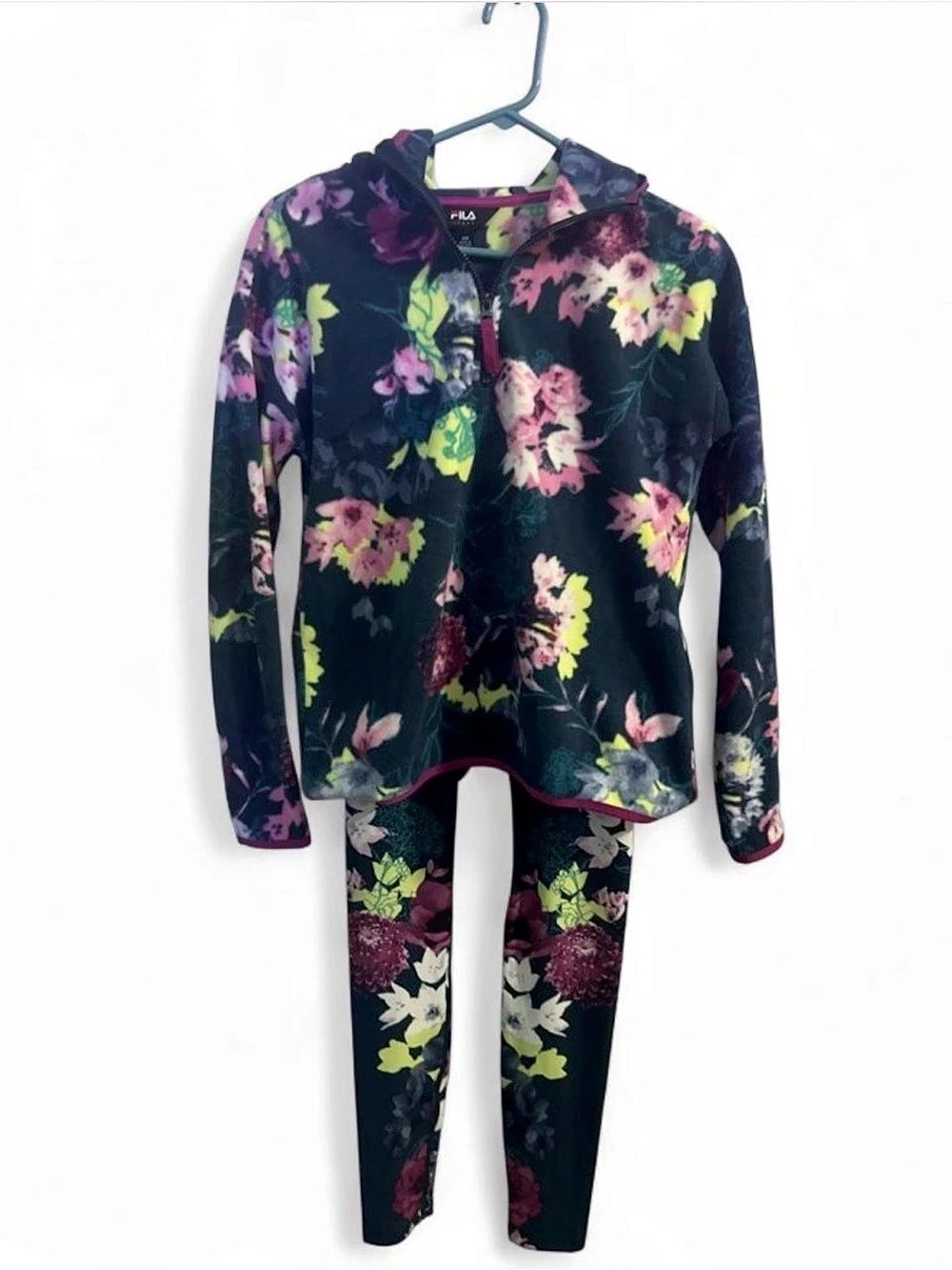 Fila Floral Long-Sleeve Top & Leggings in Black & Pink